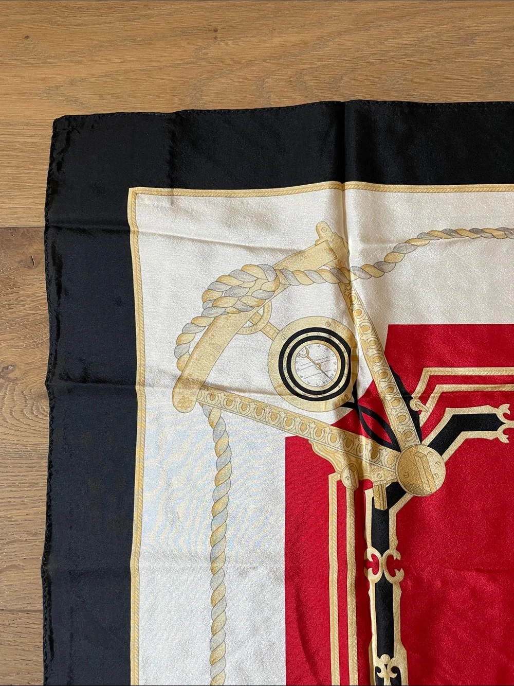 Vintage Liz Clabourne Nautical 100% Silk Scarf - Red Gold Black Stripe Square